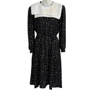 In Cinq Vintage USA Made Black Long Sleeve Bib Collar Blouson Midi Dress sz 12